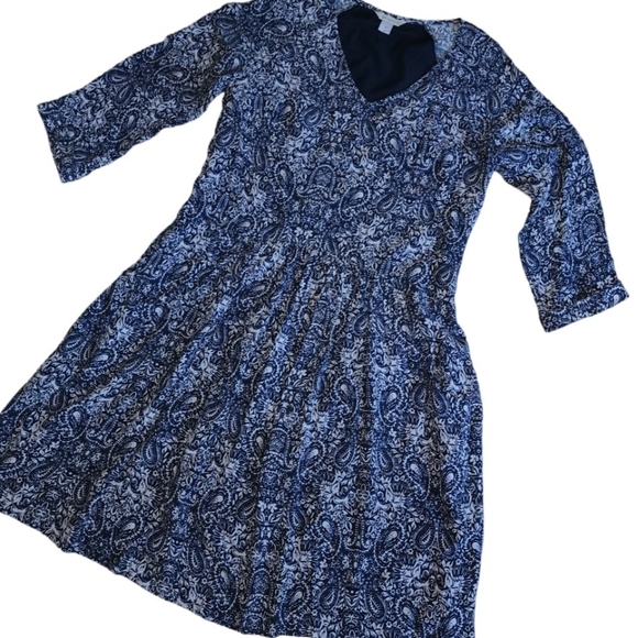 Garnet Hill Dress Sz 4 Blue White Pleated Lagenlook Paisley Floral Drape Pockets - Picture 2 of 9